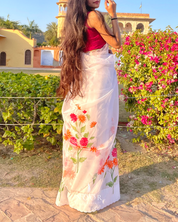 hand painted saree in pure organza silk by noor by hansa in white colour paired with a pure cotton blouse piece & scallop cutwork