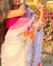 hand painted saree in pure organza silk by noor by hansa in white colour paired with a pure cotton blouse piece & scallop cutwork