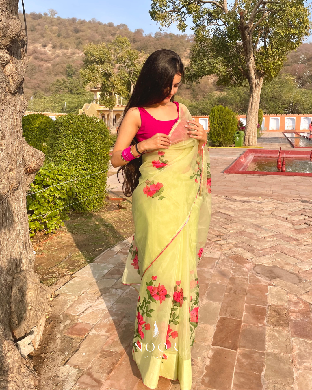 hand painted saree in pure organza silk by noor by hansa in pistachio green colour paired with a pure cotton blouse piece