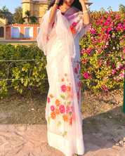 hand painted saree in pure organza silk by noor by hansa in white colour paired with a pure cotton blouse piece & scallop cutwork