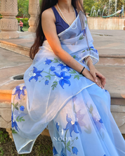 hand painted saree in pure organza silk by noor by hansa in sky blue colour paired with a blue blouse piece