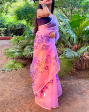 hand painted saree in pure organza silk by noor by hansa in lavender colour paired with a pure cotton blouse piece