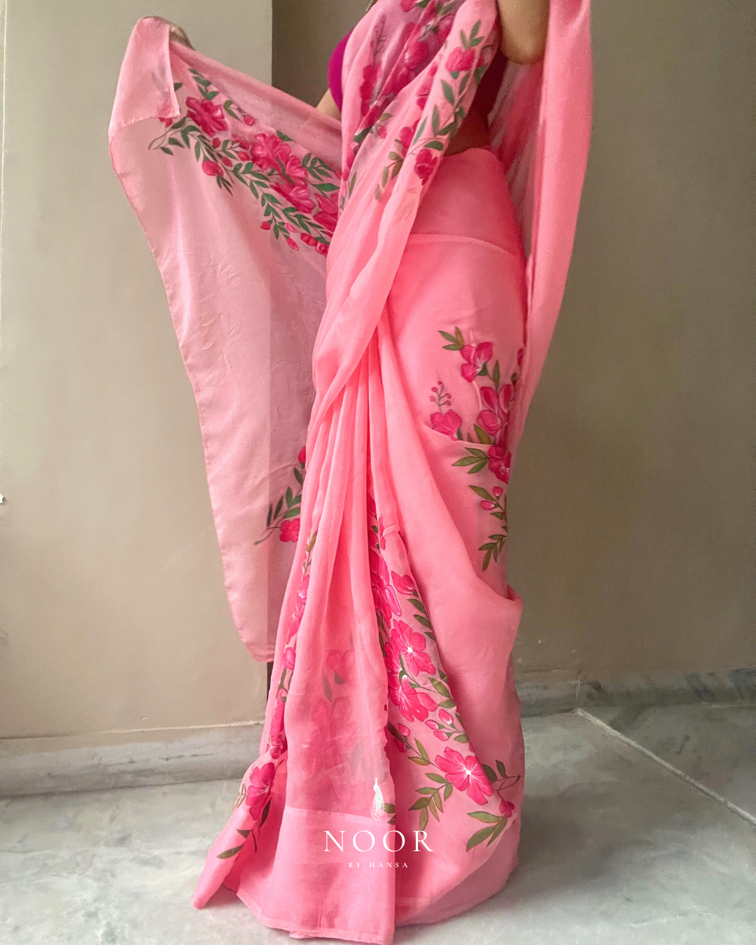 hand painted saree in pure organza silk by noor by hansa