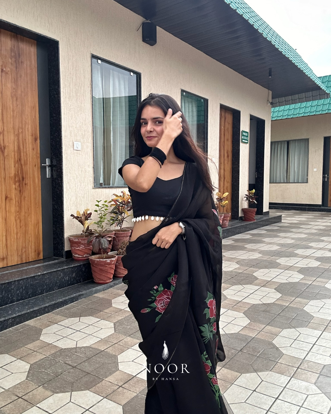 hand painted saree in pure organza silk by noor by hansa in black