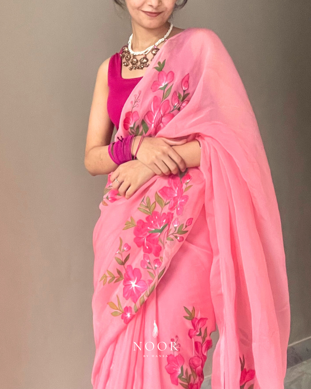 hand painted saree in pure organza silk by noor by hansa