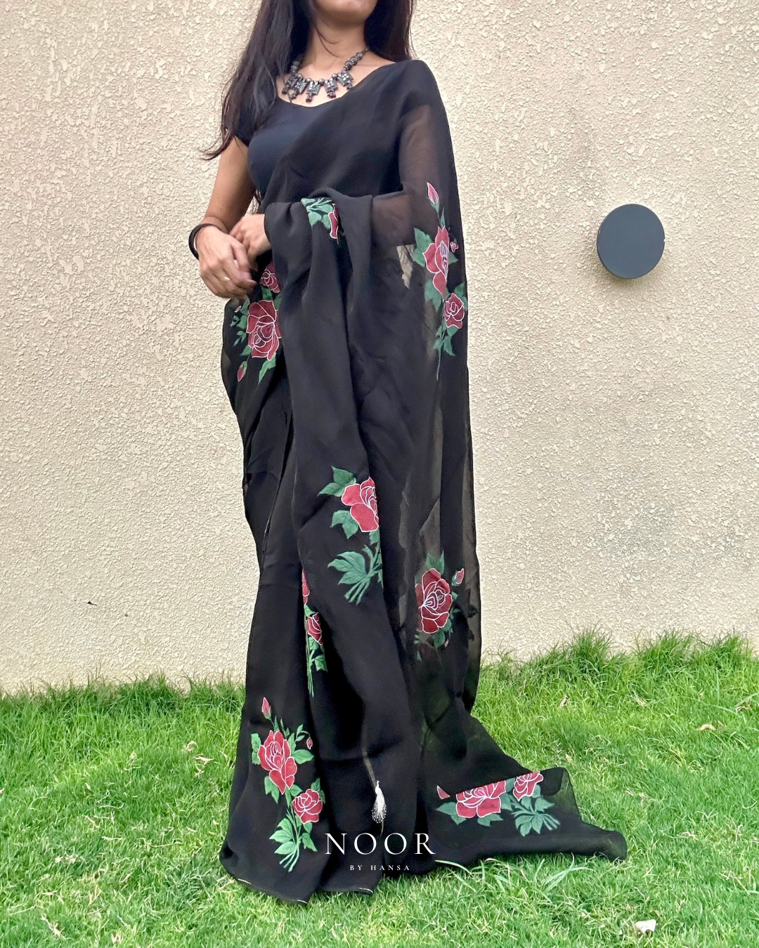 hand painted saree in pure organza silk by noor by hansa in black