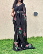 hand painted saree in pure organza silk by noor by hansa in black