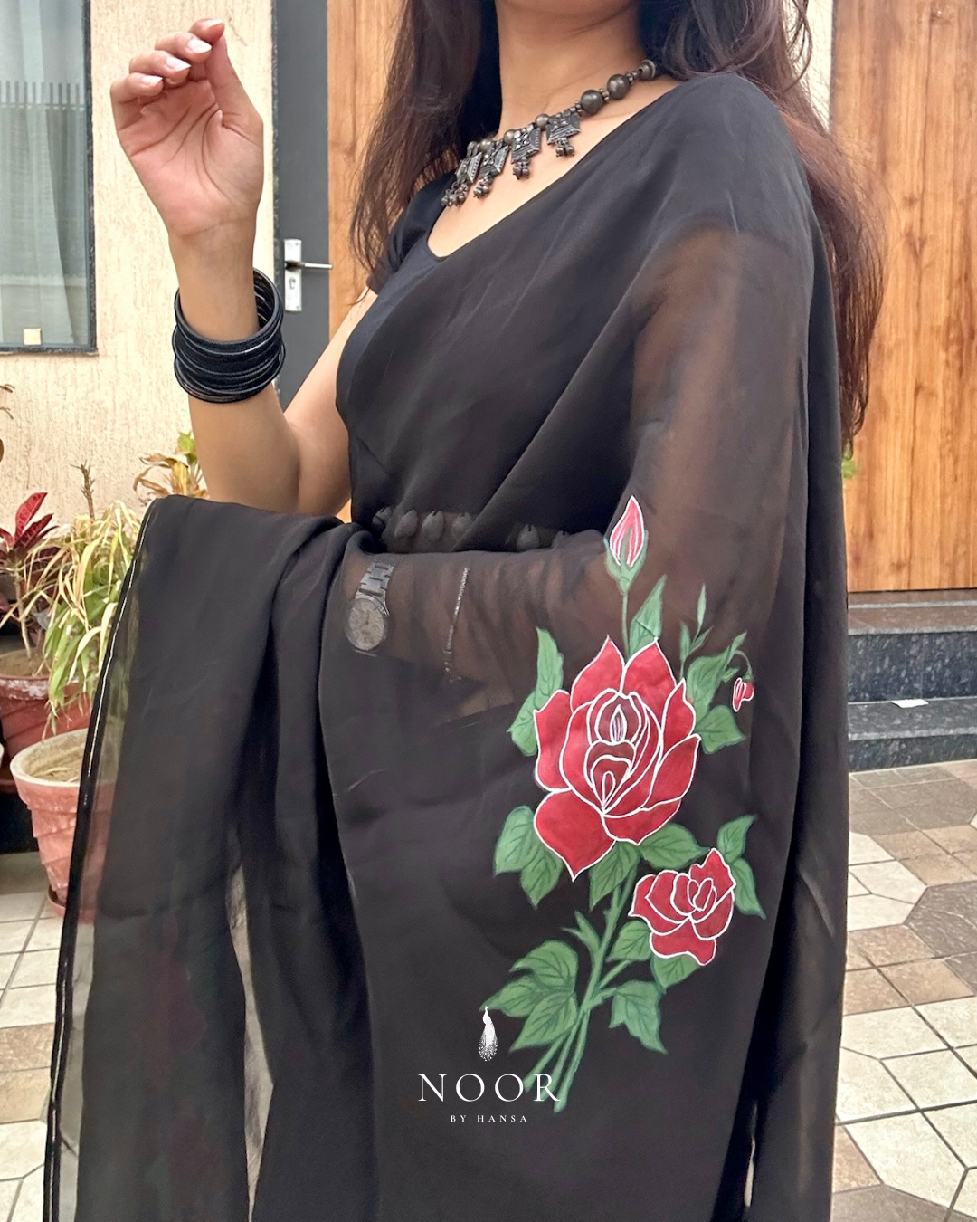 hand painted saree in pure organza silk by noor by hansa in black