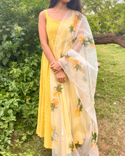 hand painted ivory 'fanaa' odhani in pure organza silk with whimsical yellow motifs, studded with minimal gold stones and edged with fringes