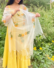 hand painted ivory 'fanaa' odhani in pure organza silk with whimsical yellow motifs, studded with minimal gold stones and edged with fringes