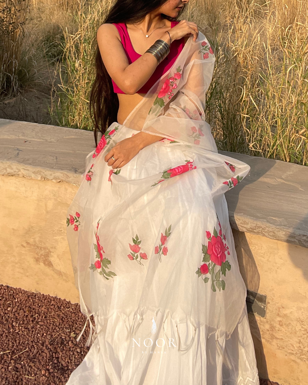 hand painted ivory 'gul' odhani in pure organza silk laden with heavy pink rose motifs and white sequins, with bordered fringes