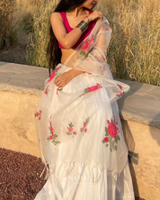 hand painted ivory 'gul' odhani in pure organza silk laden with heavy pink rose motifs and white sequins, with bordered fringes