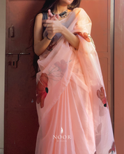 hand painted saree in pure organza silk by noor by hansa in peach