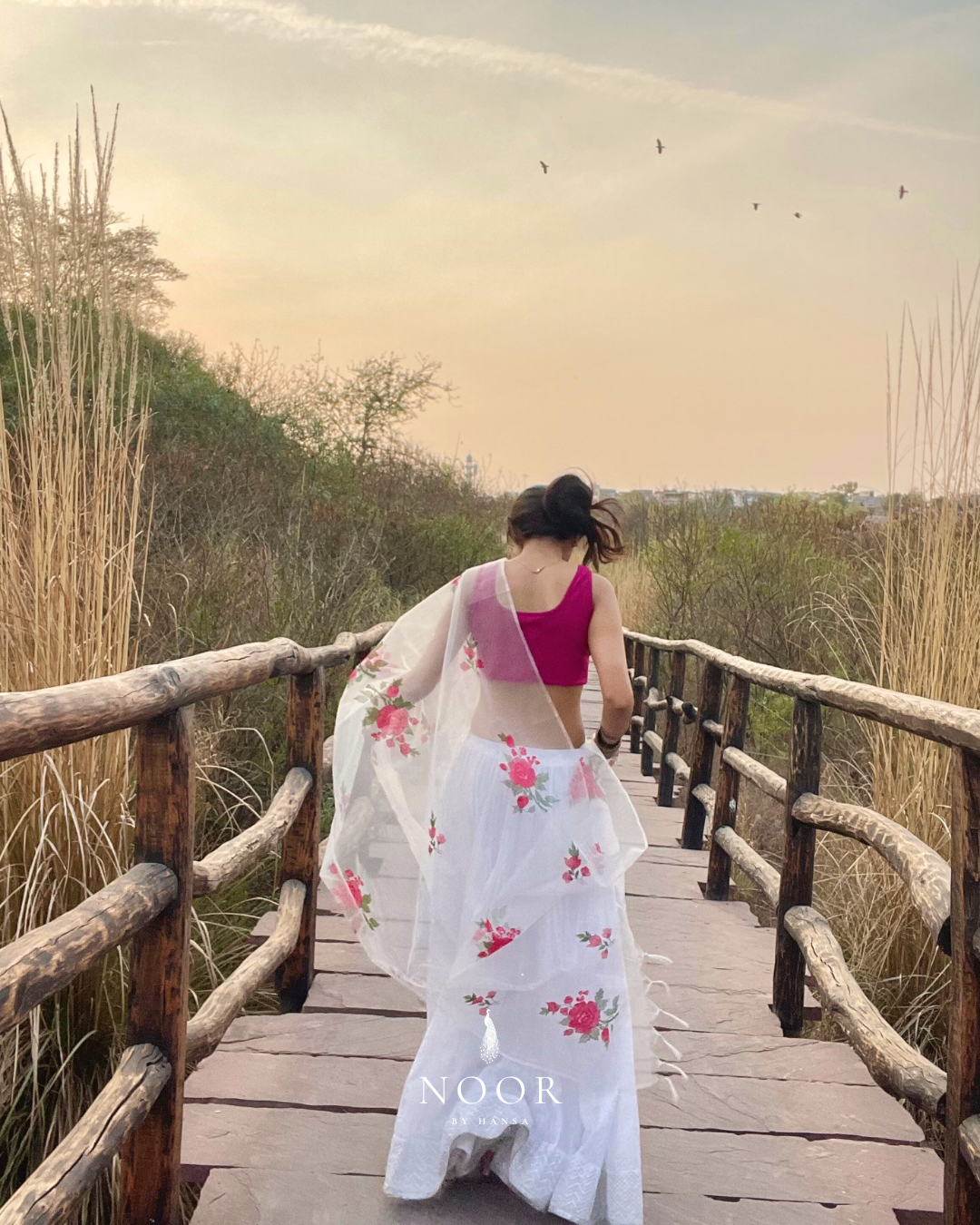 hand painted ivory 'gul' odhani in pure organza silk laden with heavy pink rose motifs and white sequins, with bordered fringes