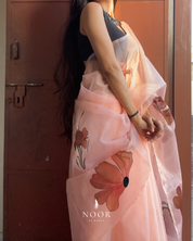 hand painted saree in pure organza silk by noor by hansa in peach