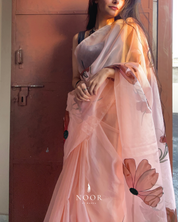 hand painted saree in pure organza silk by noor by hansa in peach