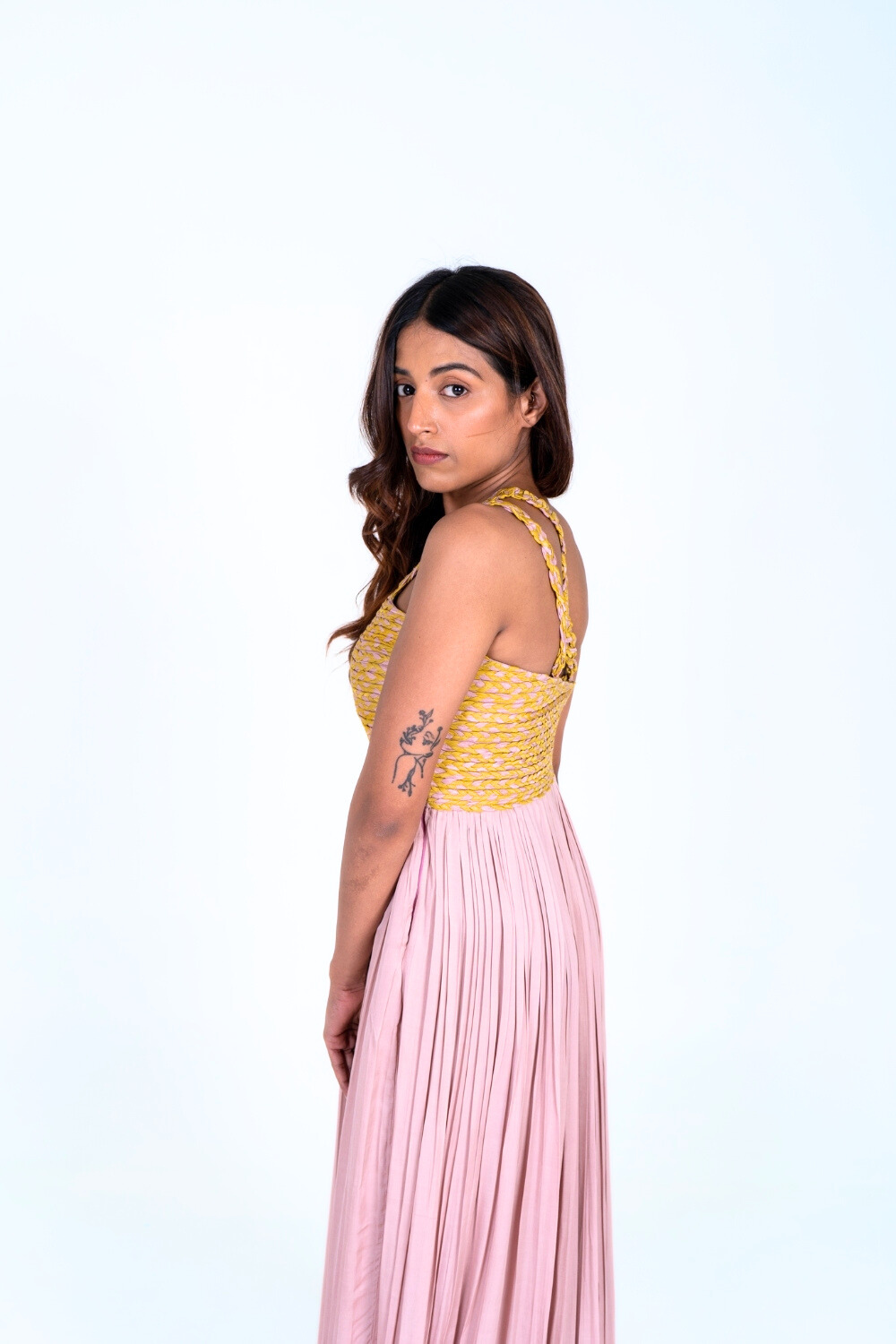 Pink-Yellow Braided Bustier Gather Gown