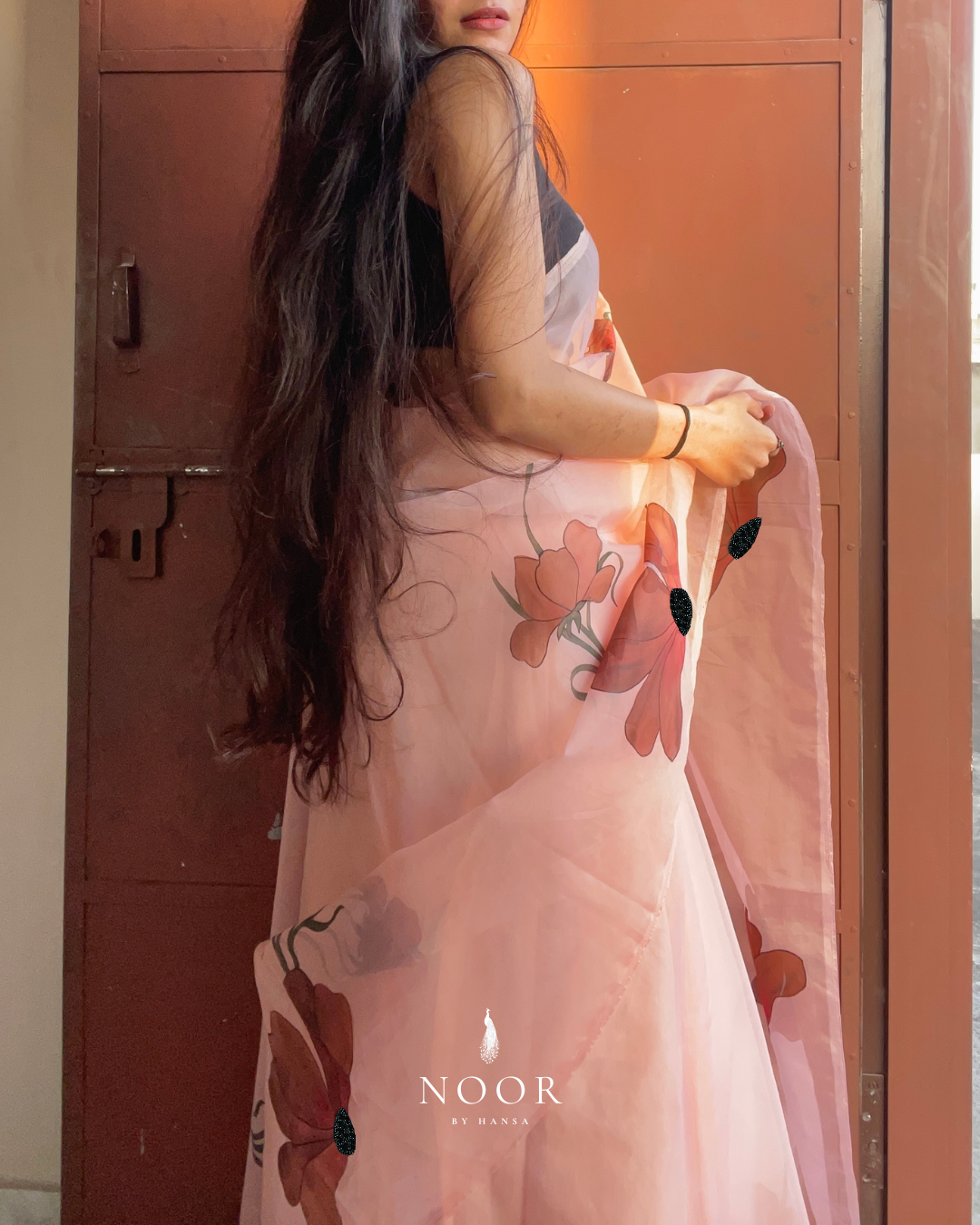 hand painted saree in pure organza silk by noor by hansa in peach