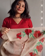 hand painted 'gulabari' dupatta in pure organza silk and tissue fabrics with hand-painted motifs of red roses