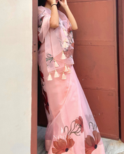hand painted saree in pure organza silk by noor by hansa in peach