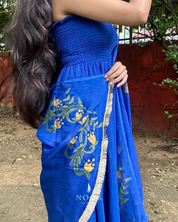 hand painted navy blue 'saba' dupatta in pure organza silk with hand-painted tulip motifs and golden laced borders