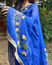 hand painted navy blue 'saba' dupatta in pure organza silk with hand-painted tulip motifs and golden laced borders