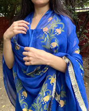 hand painted navy blue 'saba' dupatta in pure organza silk with hand-painted tulip motifs and golden laced borders