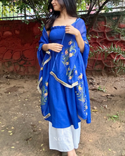 hand painted navy blue 'saba' dupatta in pure organza silk with hand-painted tulip motifs and golden laced borders