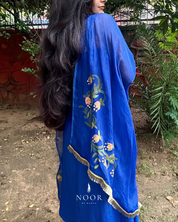 hand painted navy blue 'saba' dupatta in pure organza silk with hand-painted tulip motifs and golden laced borders