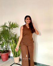 coffee brown cotton noor by hansa v-neck co-ord set that’s as comfy as your favourite loungewear but sharp enough for the office! hand-made from an ultra-soft cotton blend, it stays vibrant wash after wash with zero colour bleeding. perfect for those days when you want to feel cozy and look effortlessly chic!