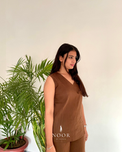 coffee brown cotton noor by hansa v-neck co-ord set that’s as comfy as your favourite loungewear but sharp enough for the office! hand-made from an ultra-soft cotton blend, it stays vibrant wash after wash with zero colour bleeding. perfect for those days when you want to feel cozy and look effortlessly chic!