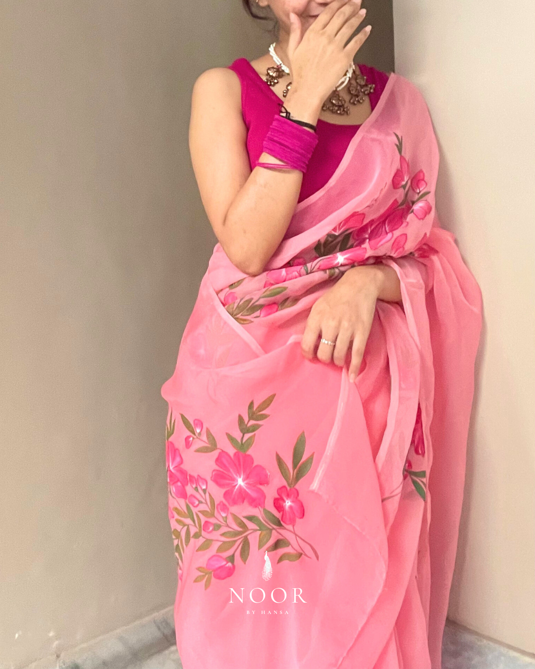 hand painted saree in pure organza silk by noor by hansa handmade pink saree for every occasion