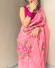 hand painted saree in pure organza silk by noor by hansa handmade pink saree for every occasion
