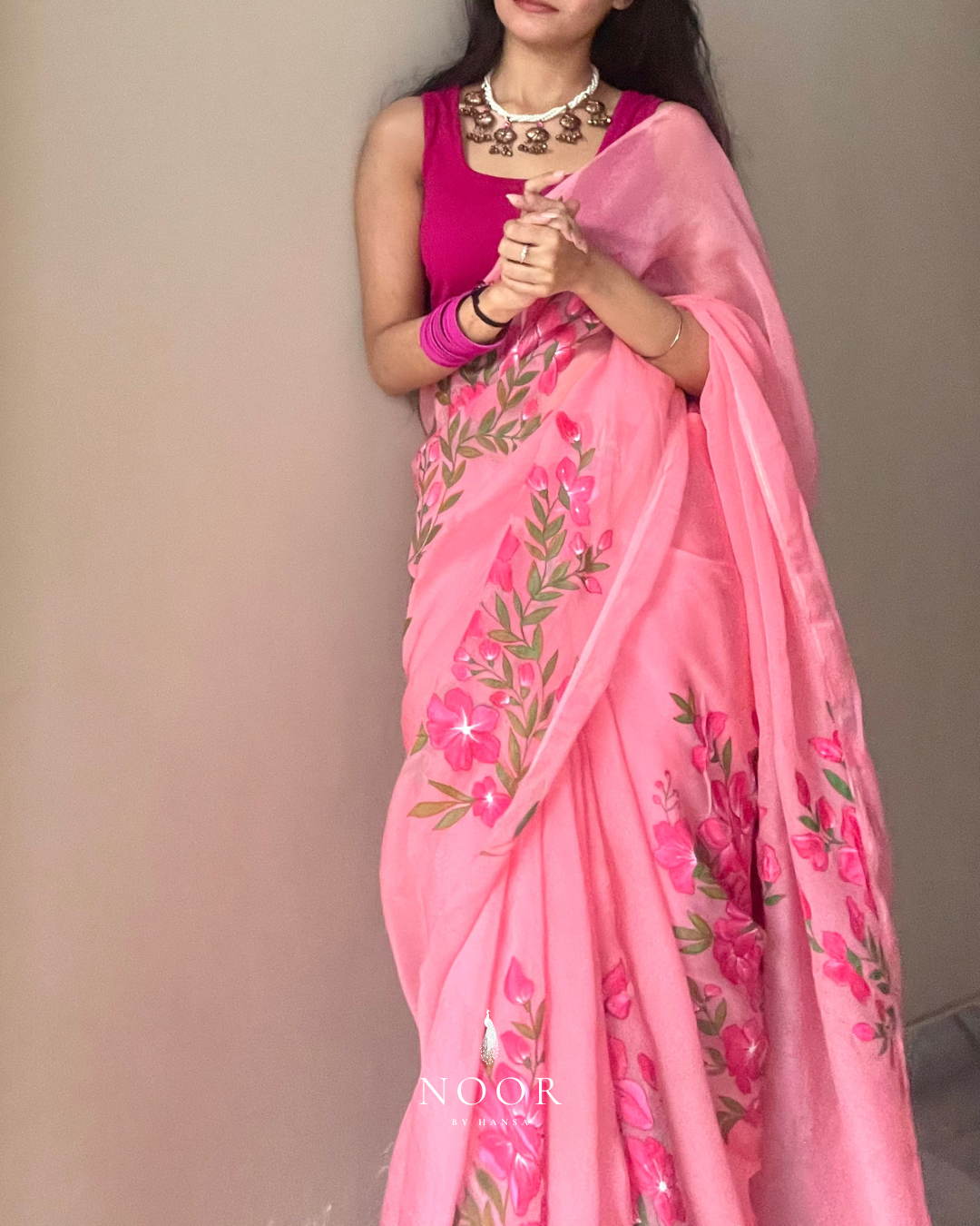 hand painted saree in pure organza silk by noor by hansa