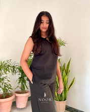 black noor by hansa cotton v-neck co-ord set that’s as comfy as your favourite loungewear but sharp enough for the office! hand-made from an ultra-soft cotton blend, it stays vibrant wash after wash with zero colour bleeding. perfect for those days when you want to feel cozy and look effortlessly chic!