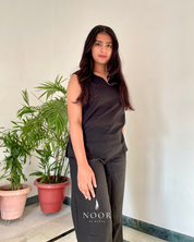 black noor by hansa cotton v-neck co-ord set that’s as comfy as your favourite loungewear but sharp enough for the office! hand-made from an ultra-soft cotton blend, it stays vibrant wash after wash with zero colour bleeding. perfect for those days when you want to feel cozy and look effortlessly chic!