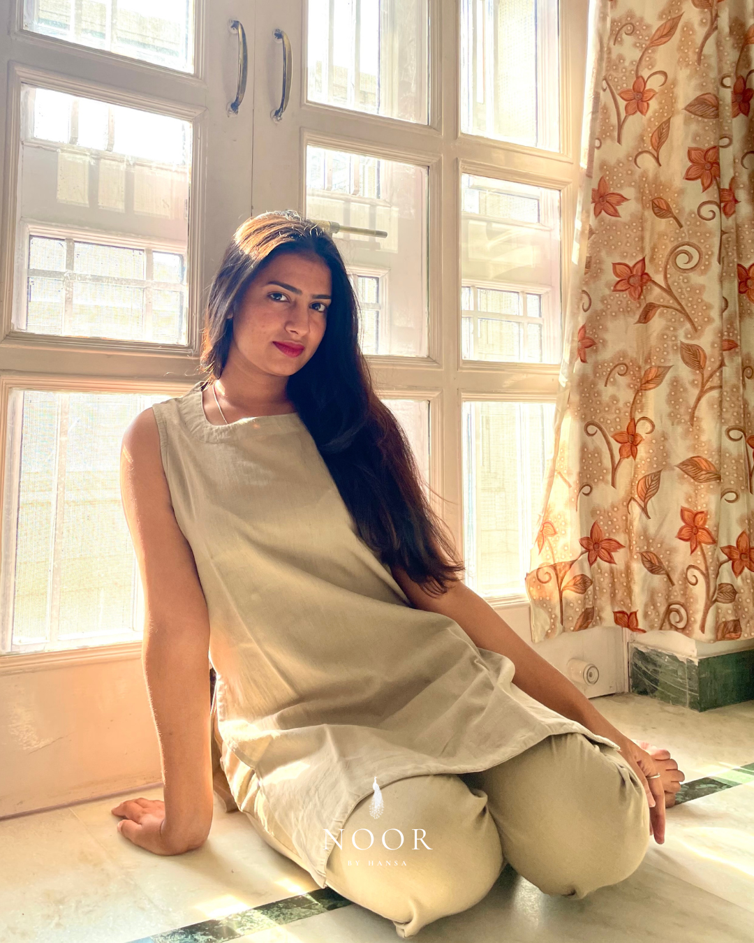 grey cotton linen noor by hansa kurta co-ord set, crafted from a luxe linen-cotton blend that feels as good as it looks. available in five vibrant colours, this playful set is perfect for office wear or a day full of running errands