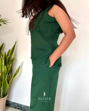cotton green noor by hansa v-neck co-ord set that’s as comfy as your favourite loungewear but sharp enough for the office! hand-made from an ultra-soft cotton blend, it stays vibrant wash after wash with zero colour bleeding. perfect for those days when you want to feel cozy and look effortlessly chic!