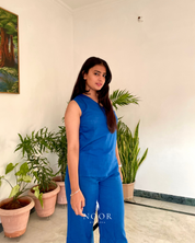 blue cotton noor by hansa v-neck co-ord set that’s as comfy as your favourite loungewear but sharp enough for the office! hand-made from an ultra-soft cotton blend, it stays vibrant wash after wash with zero colour bleeding. perfect for those days when you want to feel cozy and look effortlessly chic!